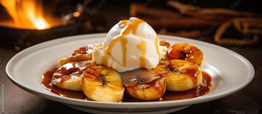 Plate of bananas and ice cream on table Plate of bananas and ice cream on table