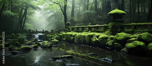 A bridge surrounded by moss in a lush forest setting