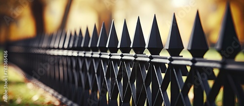 Black iron fence with green...