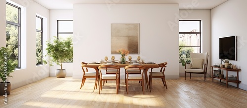 A dining area with a table ...