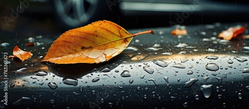 Autumn leaf on car hood wit...