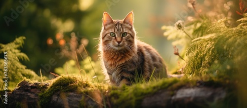 A cat closeup in grass by a...