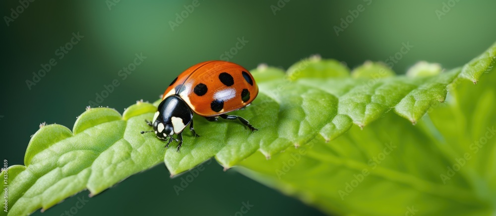 A ladybug on a leaf with green background A ladybug on a leaf with green background