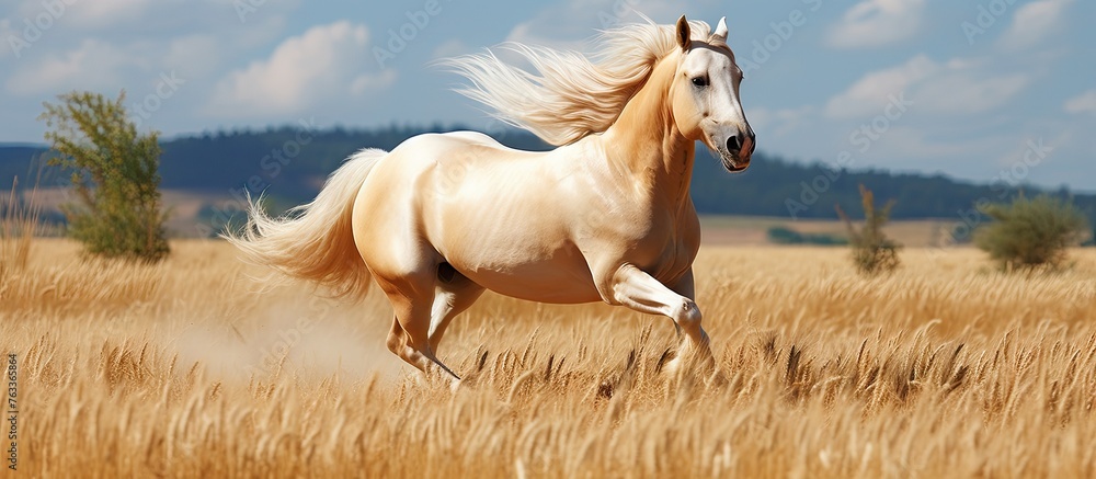 White horse running in tall grass, palomino horse galloping in a field - obrazy, fototapety, plakaty 