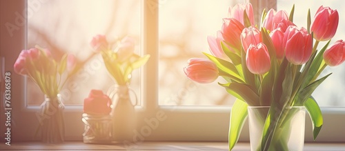 Pink flowers in vase on win...