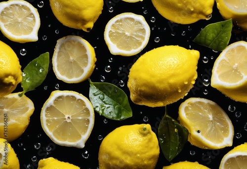 Sliced lemon on a black background with splashes of lemon juice. Summer succulent banner