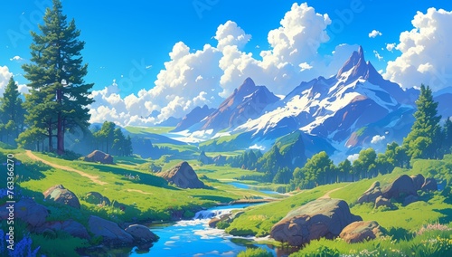Majestic mountains with snowcapped peaks, lush green meadows, and flowing rivers. 