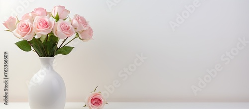 White vase with pink roses on a table