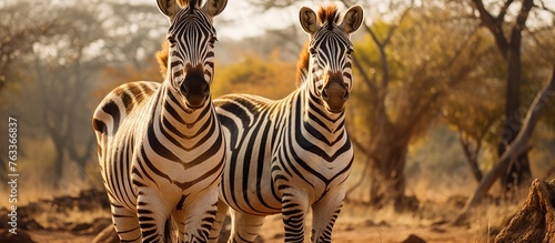 Zebras standing together in a field with trees