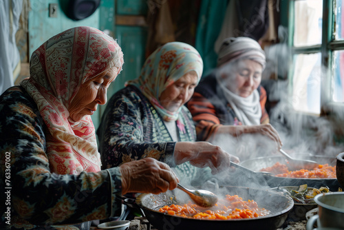 Women in headscarves cooking together for eid al-fitr at home photo