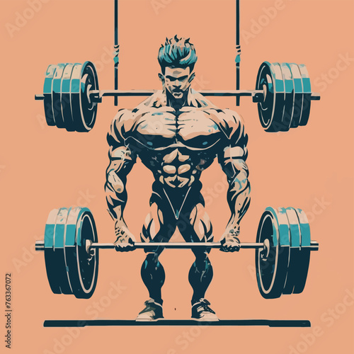 red white black modern style minimalist lines of a strong muscle pose strong body builder anatomy man at gym with bundle Doing exercises in all body positions using different gym equipment