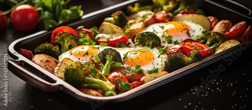 Baked vegetables and eggs on tray with tomatoes and broccoli © vxnaghiyev