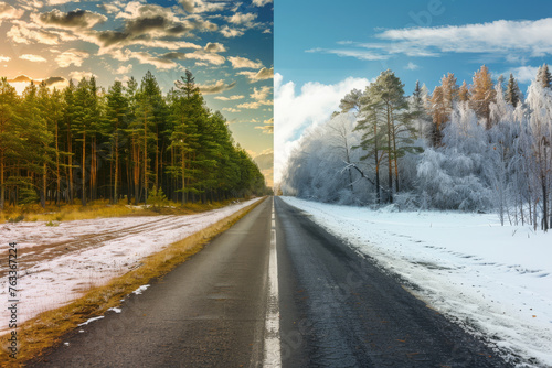 The road visually represents the shift from winter to summer seasons, with one side depicting snowy conditions and the other side portraying sunny weather, symbolizing the transition in seasons.