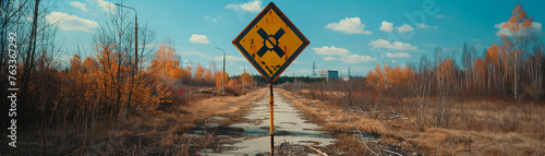 Chernobyl exclusion zone in Ukraine orange radiation sign professional color grading