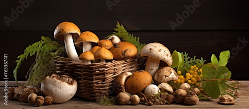 Mushrooms in a basket with ...