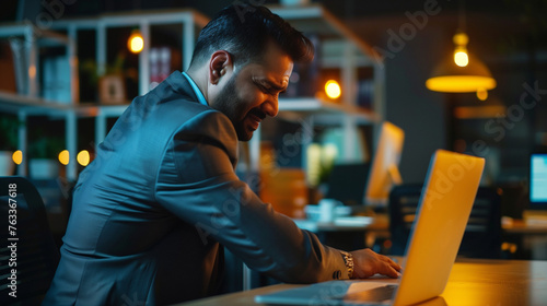 Exhausted indian businessman with back pain working late on laptop at office desk