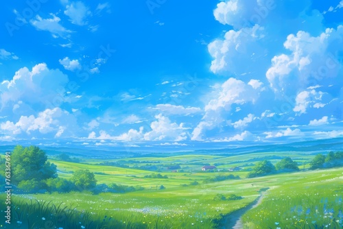 The background is a blue sky and white clouds  with green grasslands
