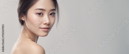 Woman with beautiful face, healthy facial skin portrait. Beautiful happy Asian girl model with nature photo