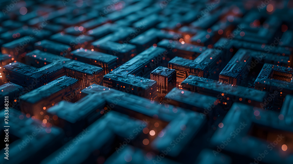 An illustration of intricate holo 3D mazes, with a dark abyss as the background, in a realm of complex patterns An illustration of intricate holo 3D mazes, with a dark abyss as the background, in a realm of complex patterns