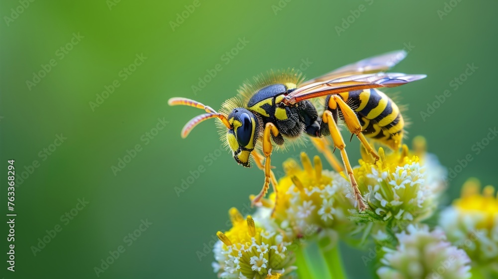 The bee makes honey on the flower's core -- up close The bee makes honey on the flower's core -- up close