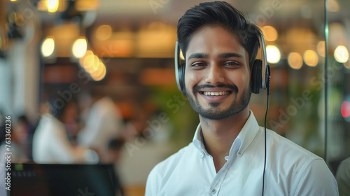 Friendly indian businessman with headset greeting in modern office workplace