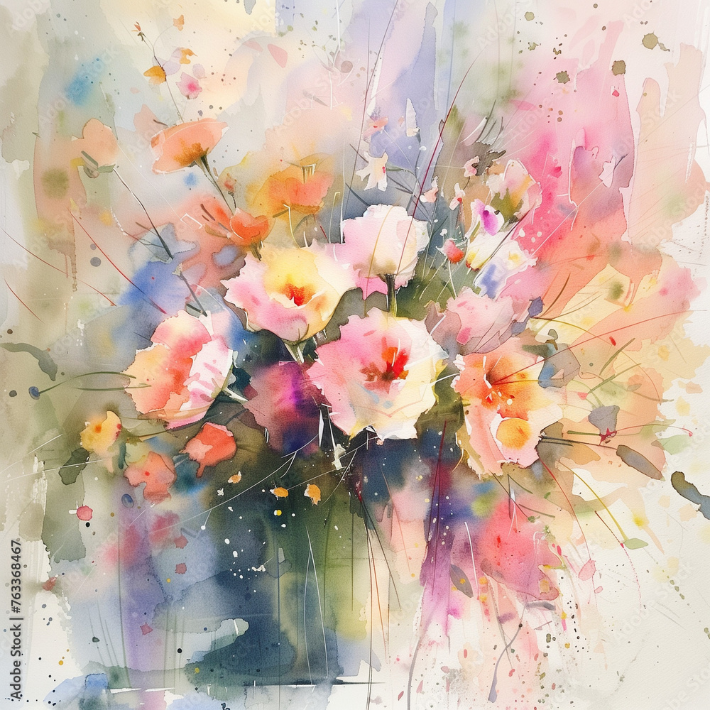 Watercolor painting of a bouquet of flowers, Watercolor Bouquet, Vibrant Pastel Hues, Artistic Floral Expression with Copy Space, AI Generation