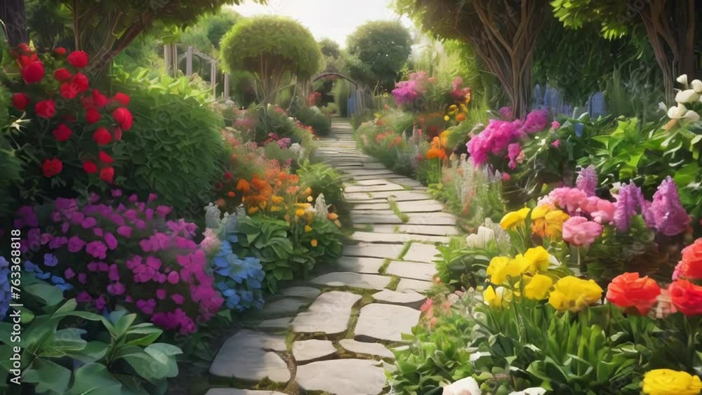 Narrow pathway in a garden surrounded by a lot of colorful flowers Narrow pathway in a garden surrounded by a lot of colorful flowers