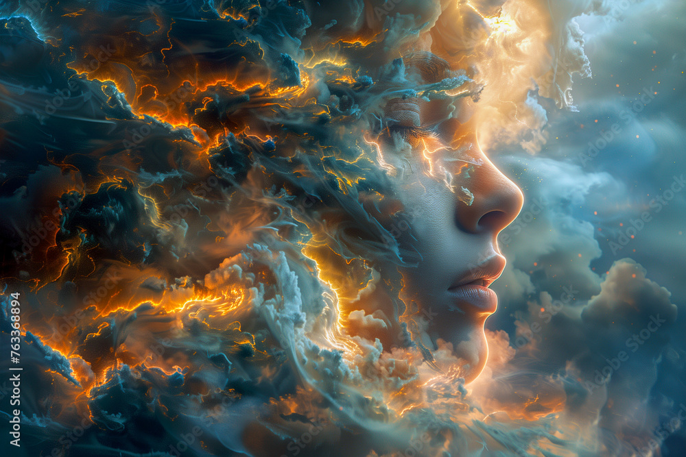Female beautiful face in storm clouds with with lightning while storm. State of mind, stress, and mental illness concept. Female beautiful face in storm clouds with with lightning while storm. State of mind, stress, and mental illness concept.