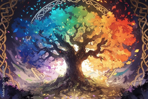 Yggdrasil  tree of life in rainbow colors  black background