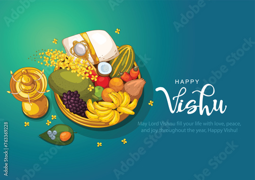 Happy Vishu greetings. April 14 Kerala festival with Vishu Kani, vishu flower Fruits and vegetables in a bronze vessel. abstract vector illustration design