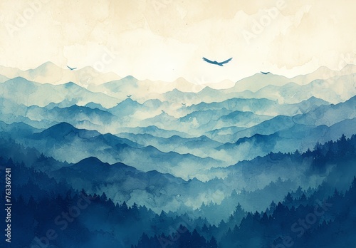 Ink painting, mountains and birds in the sky, distant view, delicate lines,