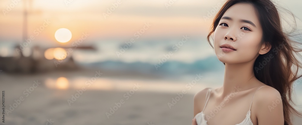 Woman with beautiful face, healthy facial skin portrait. Beautiful happy Asian girl model with nature Woman with beautiful face, healthy facial skin portrait. Beautiful happy Asian girl model with nature