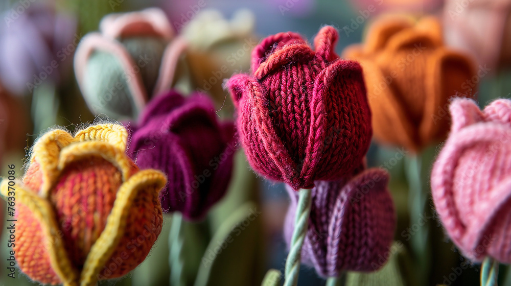 Knitted spring flowers. Spring background. Knitted spring flowers. Spring background.