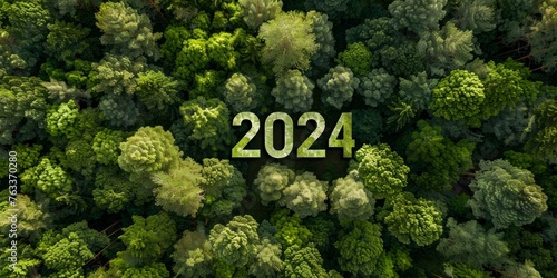 Aerial view of a forest with the numbers 2024 and an outline of Earth visible among the trees
