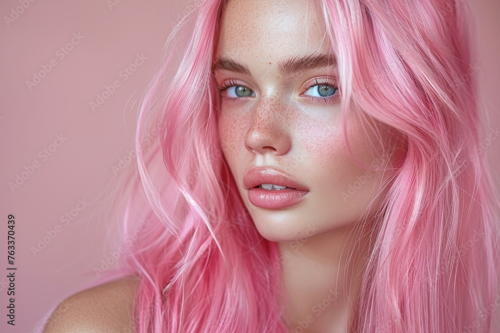 young woman with long silky straight pink hair isolated on white background Hair color for the beauty salon industry, color styles, A close-up portrait of Hair Peach color woman with glamorous makeup.