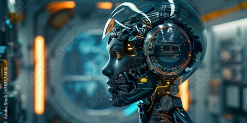 Futuristic robotic head with advanced interface elements and machinery in the background