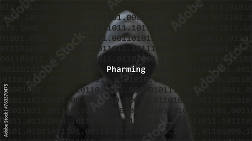 Cyber attack pharming text in foreground screen, anonymous hacker hidden with hoodie in the blurred background. Vulnerability text in binary system code on editor program. photo