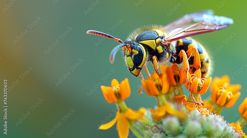 The bee makes honey on the flower's core -- up close The bee makes honey on the flower's core -- up close
