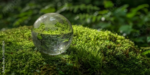 Glass globe on a mossy surface symbolizing environmental concepts