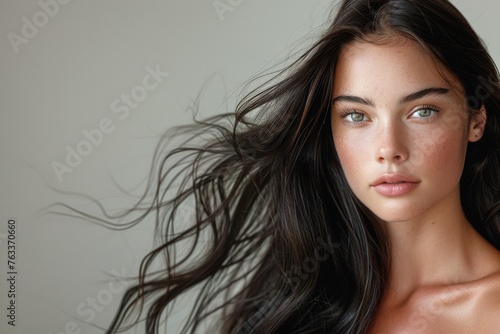 young woman with long silky straight black hair isolated on white background Hair color for the beauty salon industry, color styles,close-up portrait of Hair black shiny nature woman with glamorous.