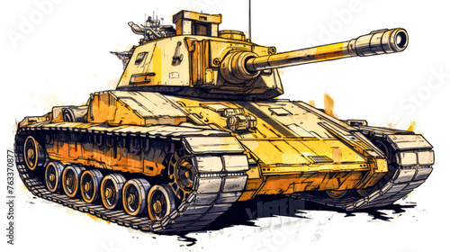 A striking watercolor sketch of a tank with yellow gray lines photo