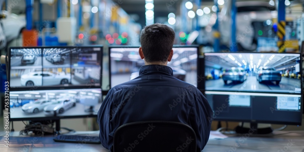 Operator monitoring automotive manufacturing on multiple computer screens Operator monitoring automotive manufacturing on multiple computer screens