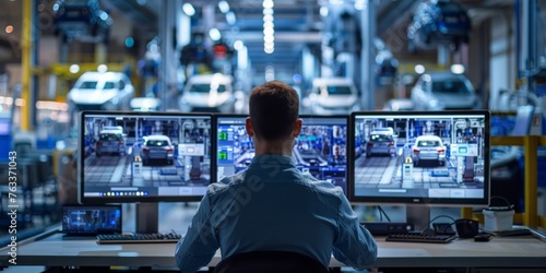 Operator monitoring automotive manufacturing on multiple computer screens