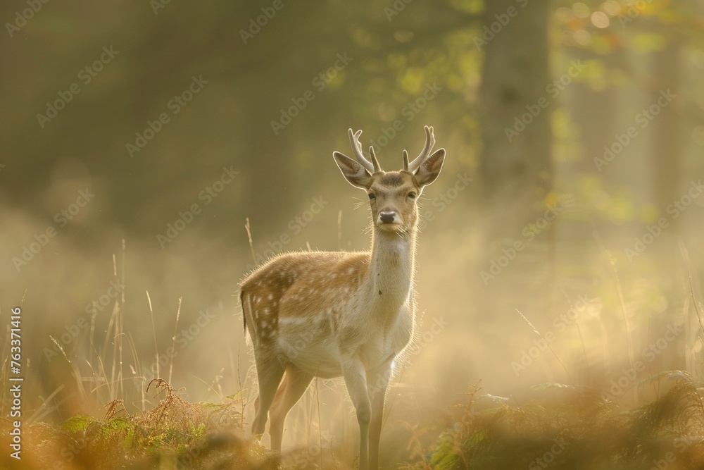 Serene deer in forest, morning mist, close-up, calm presence, natural woodland setting, tranquil Serene deer in forest, morning mist, close-up, calm presence, natural woodland setting, tranquil