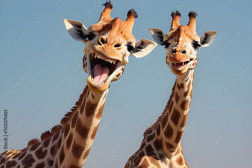 Fototapeta premium Caricature of a very large toothy wide smile smiling giraffe. Two giraffes with a white smile look at the camera against a blue sky. Playground AI platform