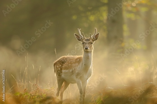 Serene deer in forest, morning mist, close-up, calm presence, natural woodland setting, tranquil © Sawit