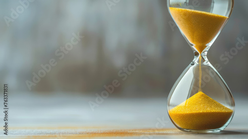 An hourglass with golden sand counts down time on a blurred background photo