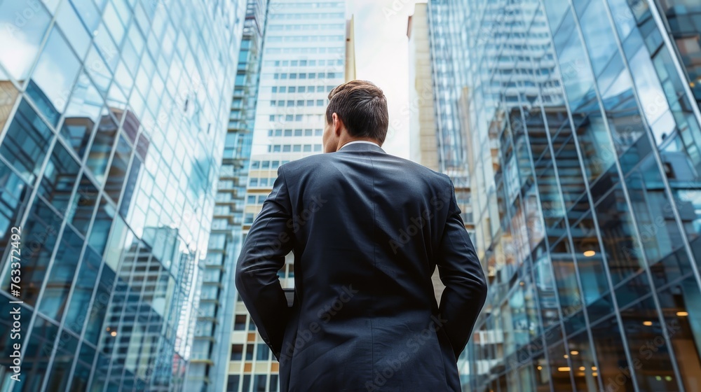 Fototapeta premium Businessman in suit with business office glass modern buildings background