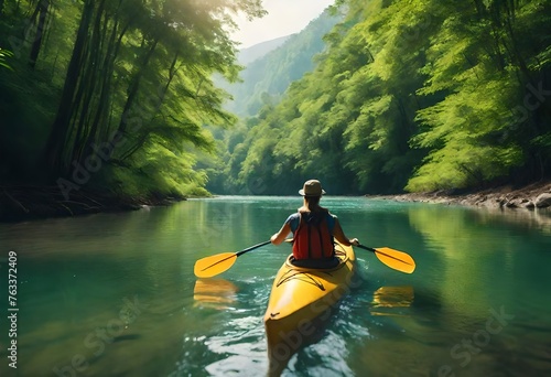 eco-friendly activity, such as kayaking on a pristine river or hiking through a lush forest,