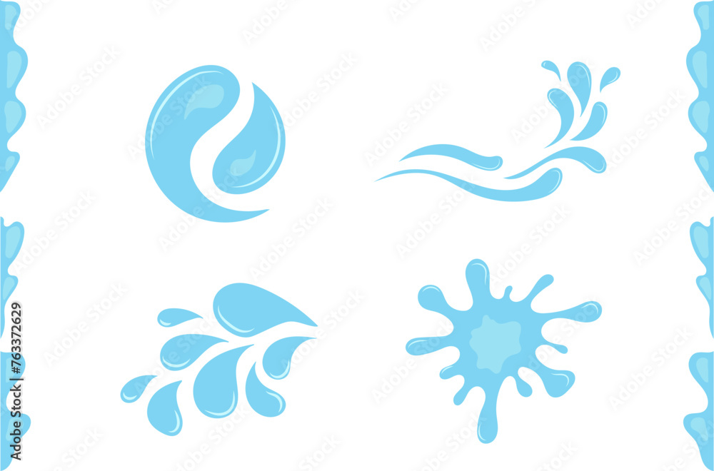 Obraz premium Cartoon blue dripping water drops, splashes, sprays and tears. Liquid flow, wave, stream and puddles. Nature water motion shapes vector set. Illustration of rain water drop, liquid splash